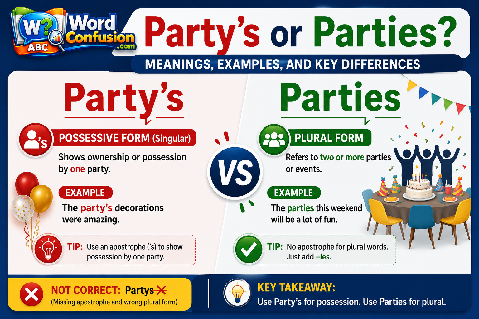 wordconfusion-Party’s or Parties? Meanings, Examples, and Key Differences-Featured image